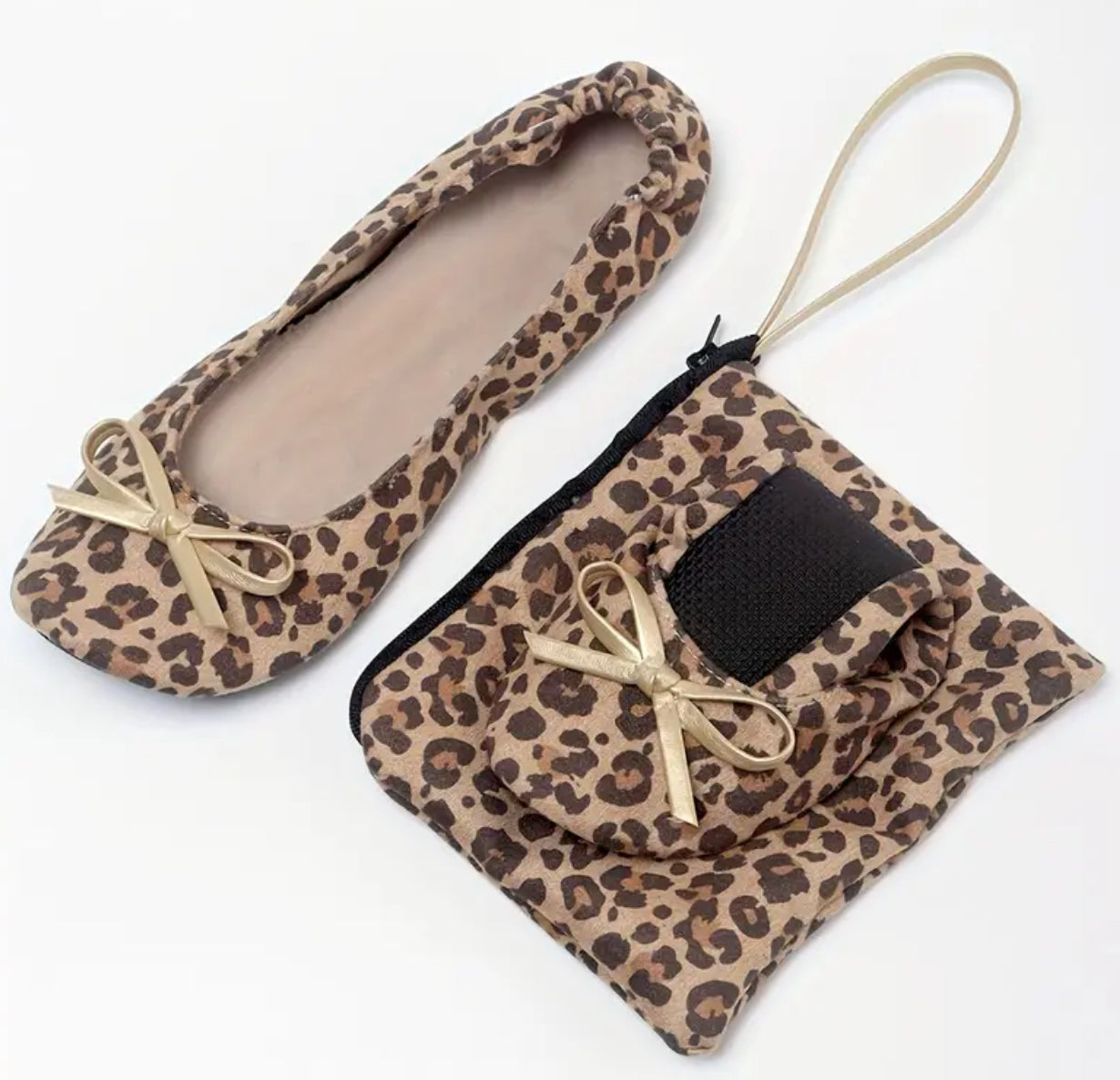 Leopard “ Portable Feet Savers” Women's Flat Shoes, Casual Slip On + Carry Along Bag