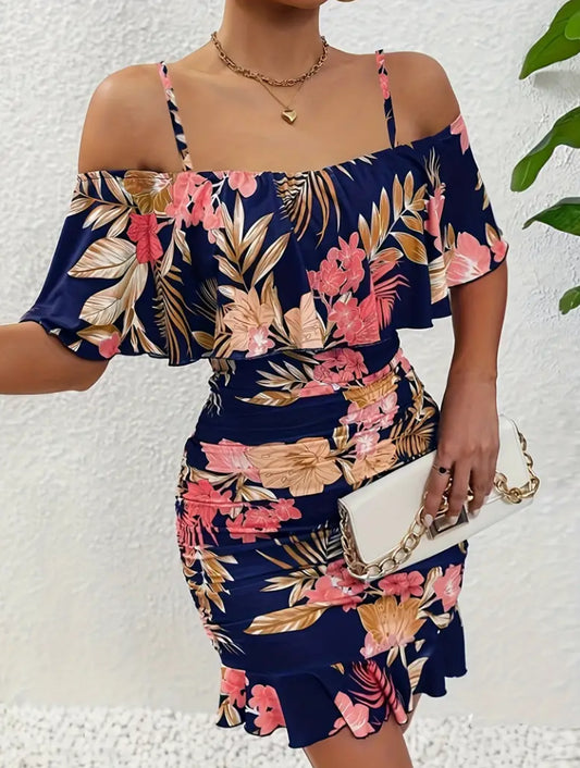 Vibrant Floral Shoulder Bodycon Dress - Stylish Short Sleeves, Elegant Neckline