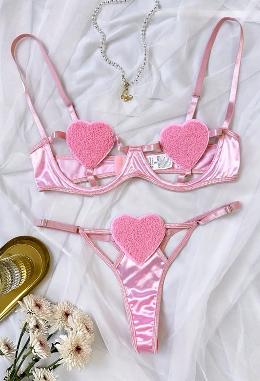 Conjunto de lencería con estampado de corazones, sujetador y tanga con aberturas, lencería y ropa interior sexy para mujer