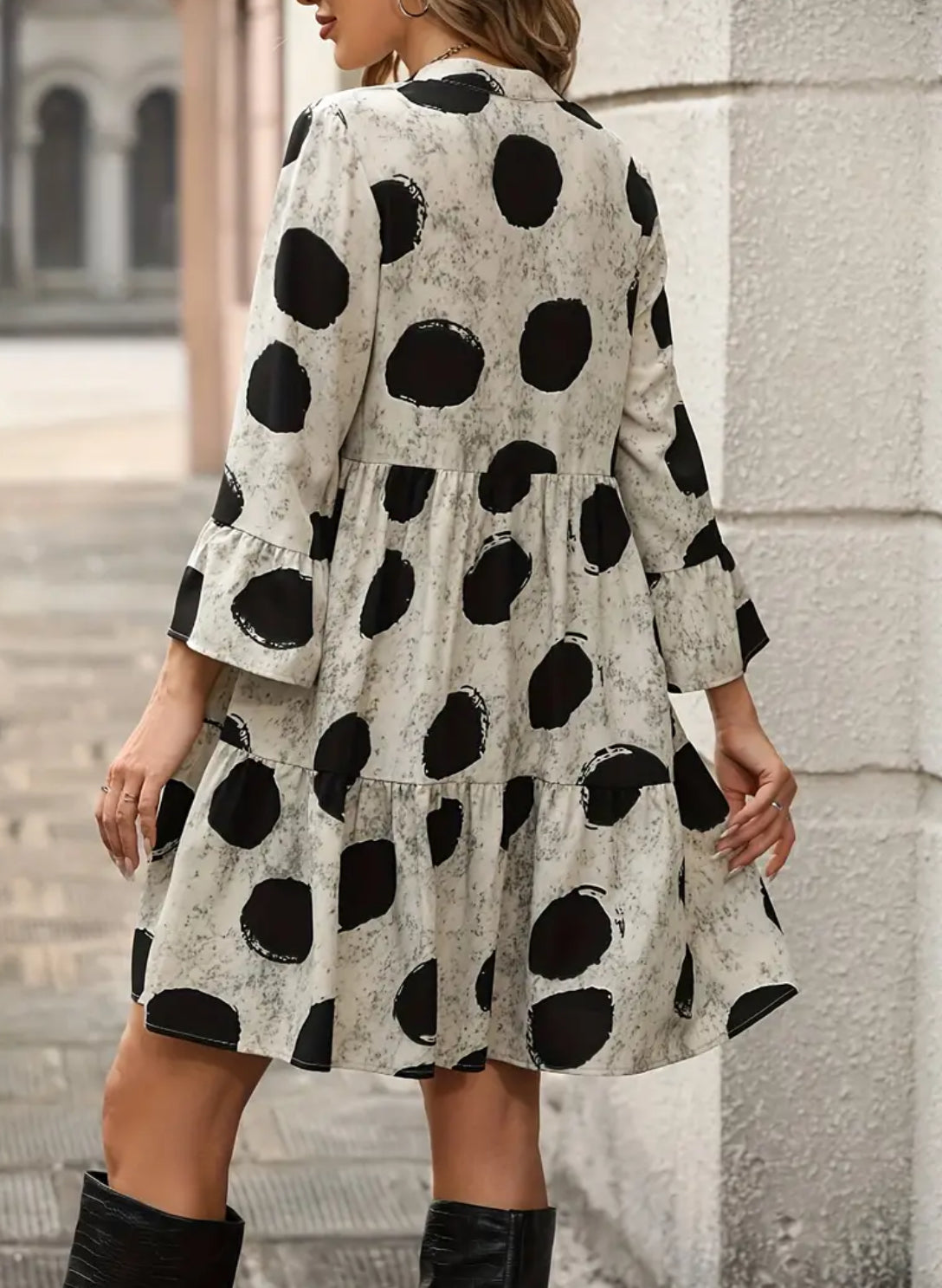 Earth Tone Polka Dot Print Flounce Sleeve Ruffle Hem Smock Dress