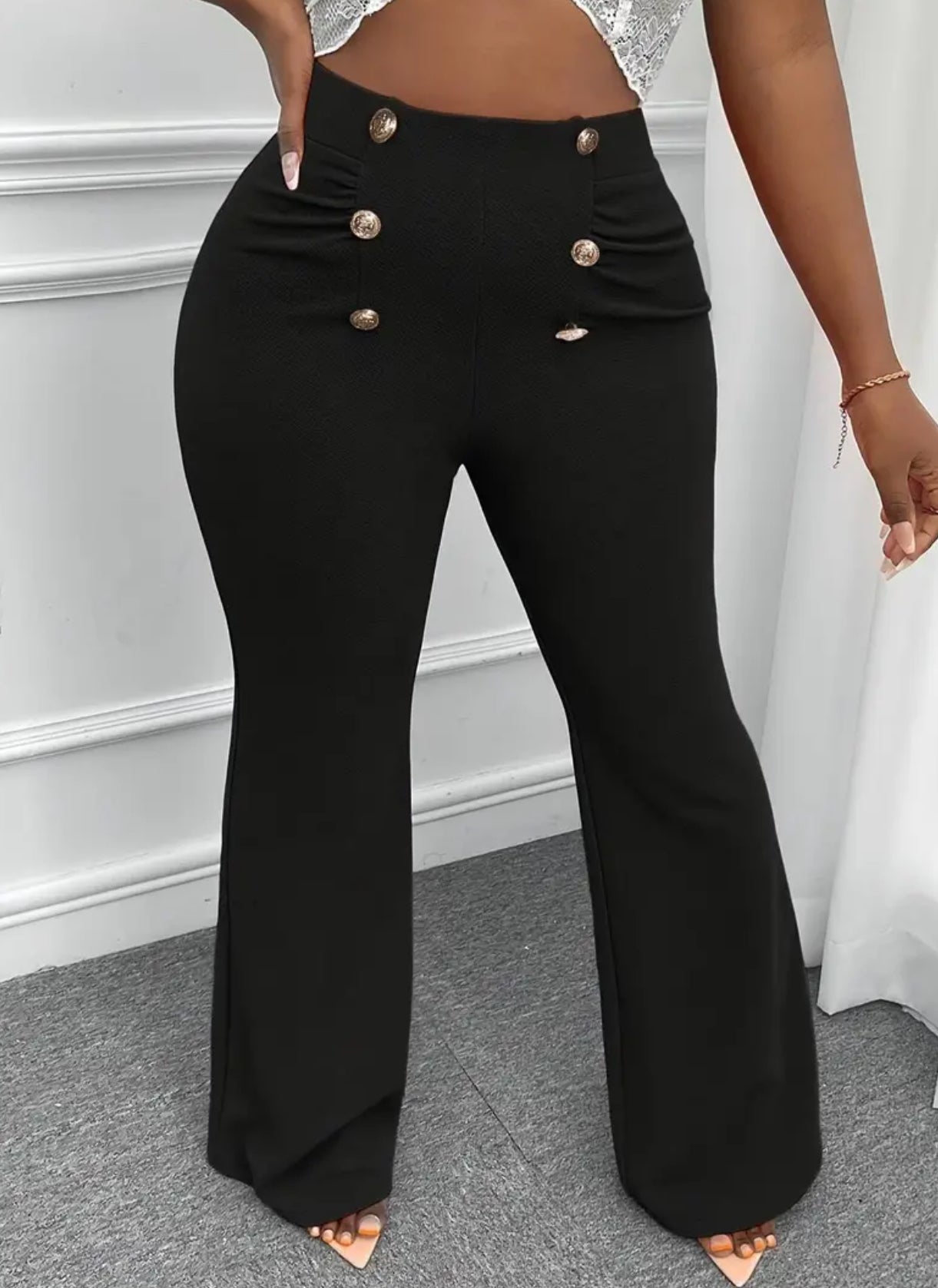 “Georgina” Elegant Plus Size Flare Pants with Button Detail - High Waist, Stretchy Polyester