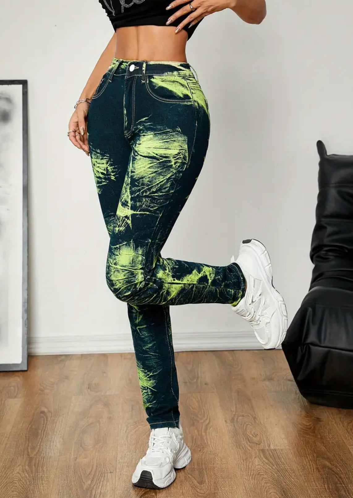 “Tie Dye Neon” High Waist Elastic Hip Lifting Versatile Denim Pants