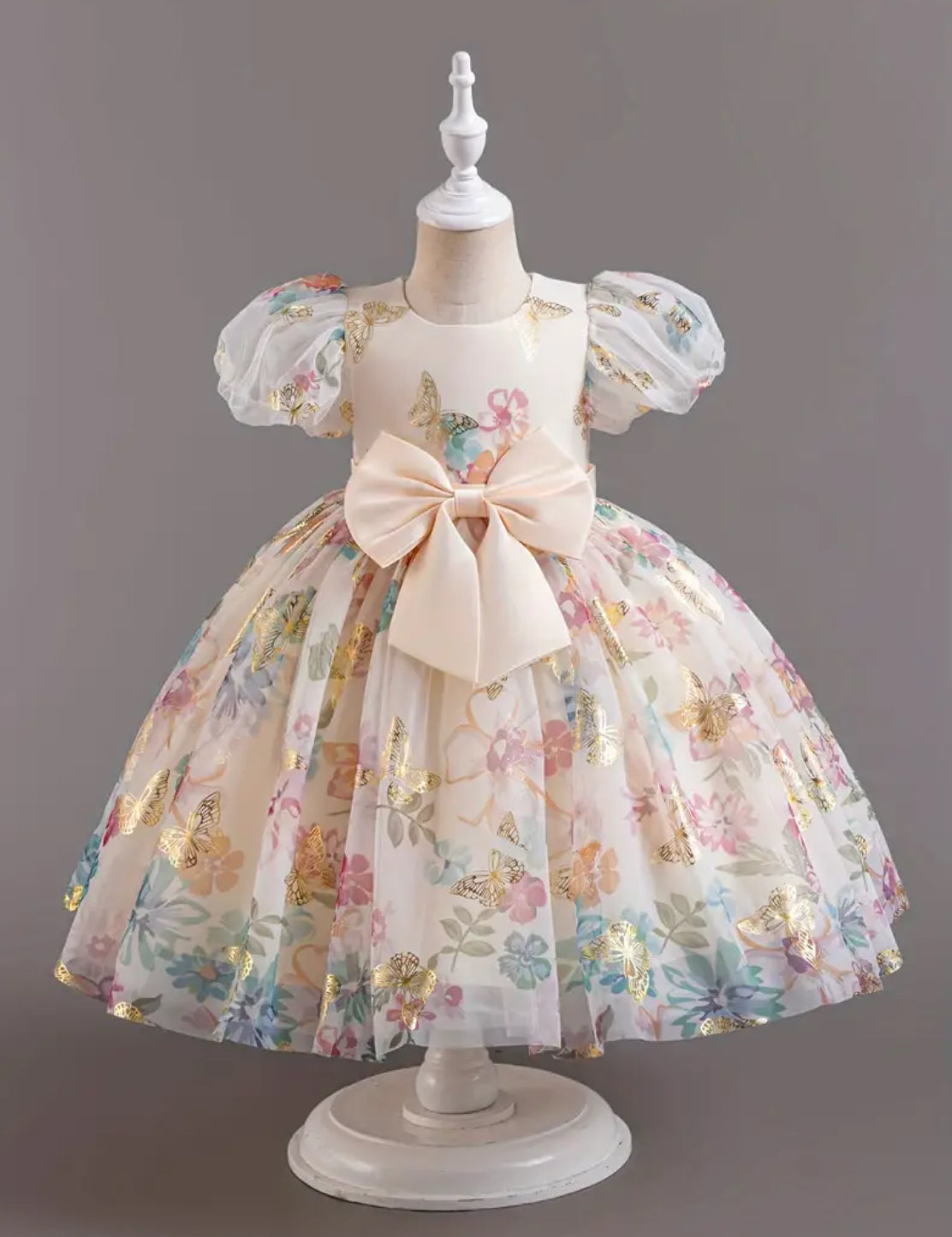 Impresionante vestido de princesa de malla con flores doradas, único en su tipo, para niñas