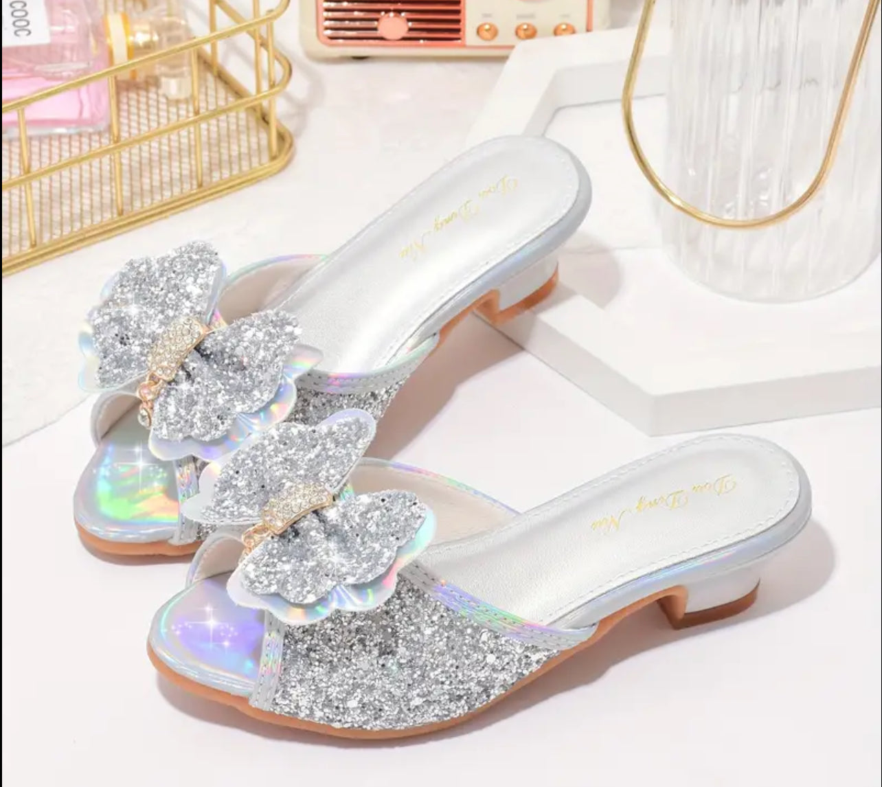 Sandale të jashtme me pantofla me takë të lartë Shiny Bowknot Sequin