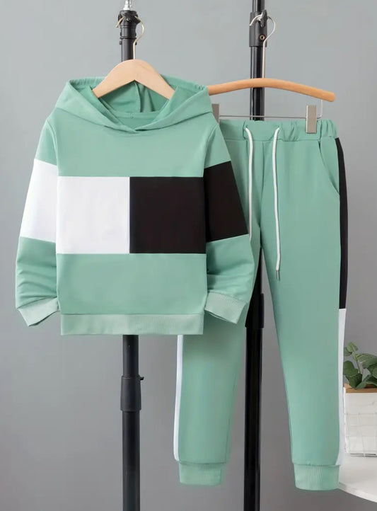 2pcs, Teens Color Block Hoodie & Drawstring Sweatpants Set, Gender Neutral