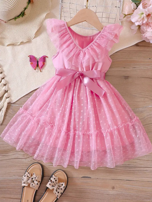 Pink Tulle Princess Dresses, V Neck, Silk Bow Belt