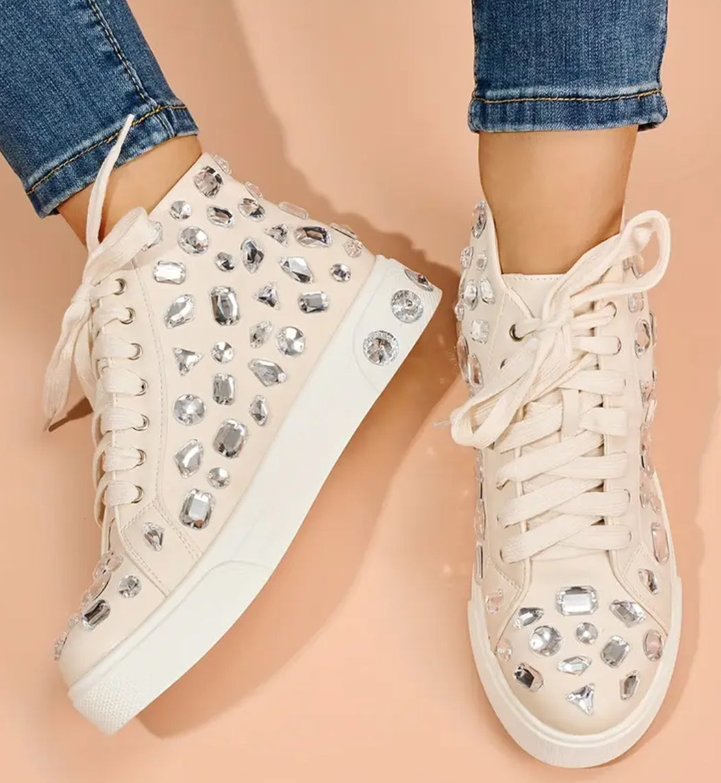 Rhinestone Decor Preppy Skate Shoes, Fashion Lace Up High Top Flat Sneakers