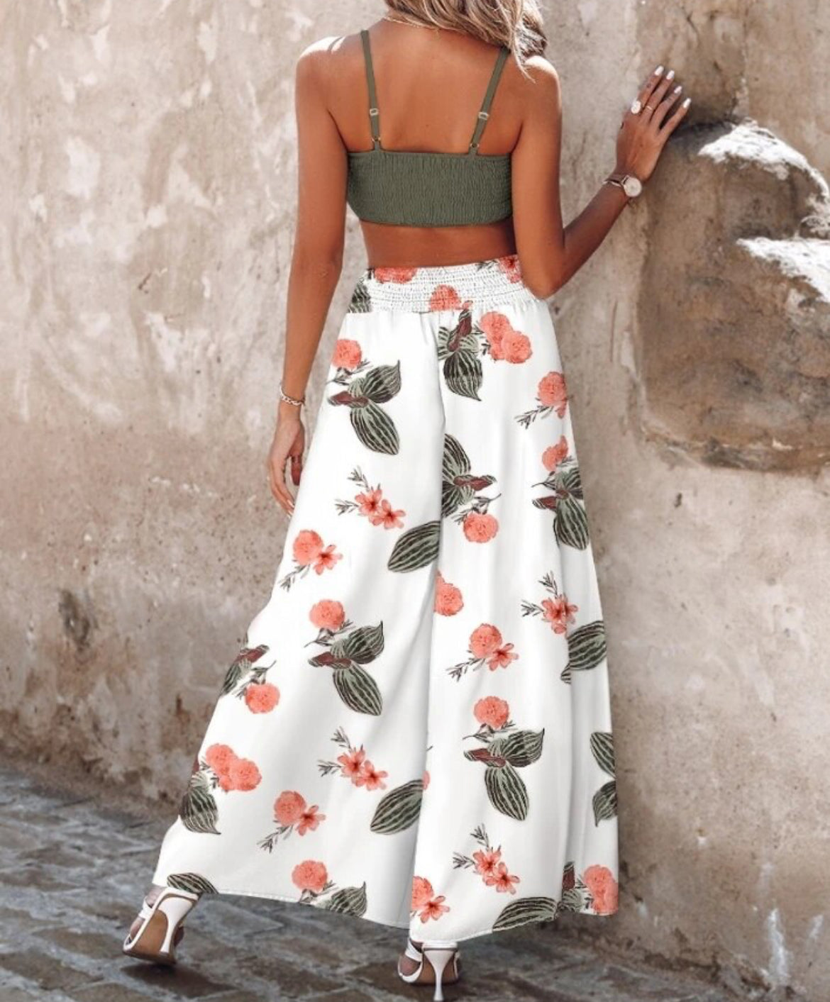 Shirred Cami Top & Tropical Printed Wide Leg Pants Set