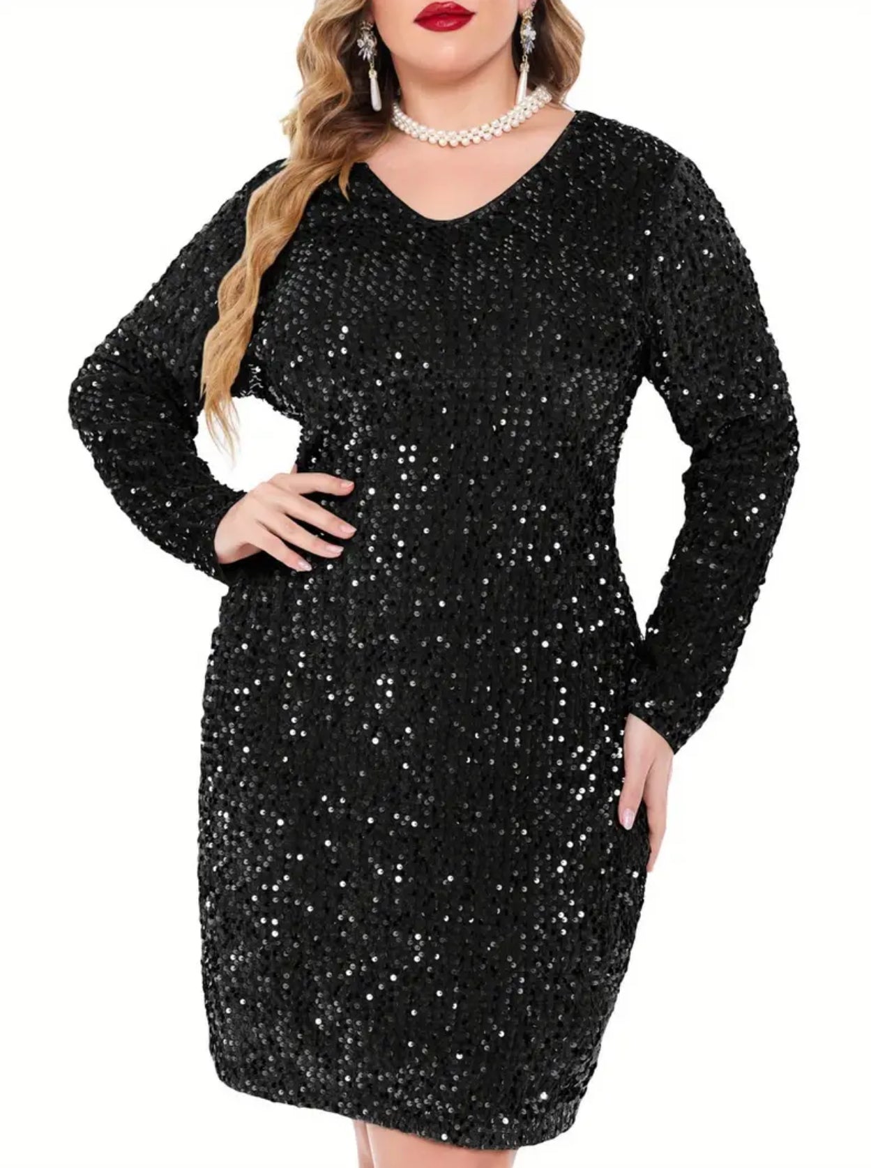 2XL-7XL “Sequin Dash” V-Neck, Party Cocktail Dress, Women’s