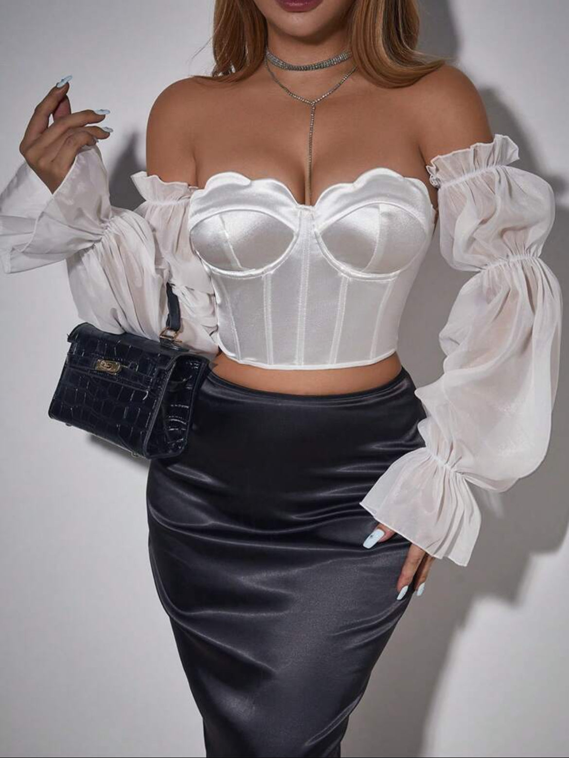 ‘Satin Dream’ Off-Shoulder Bell Sleeve Top Corset