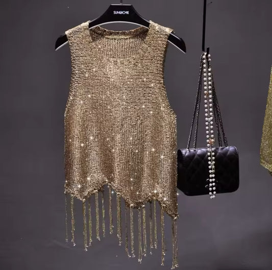 Shiny Bling Sequined Tassels Knitted Vest Tank Top