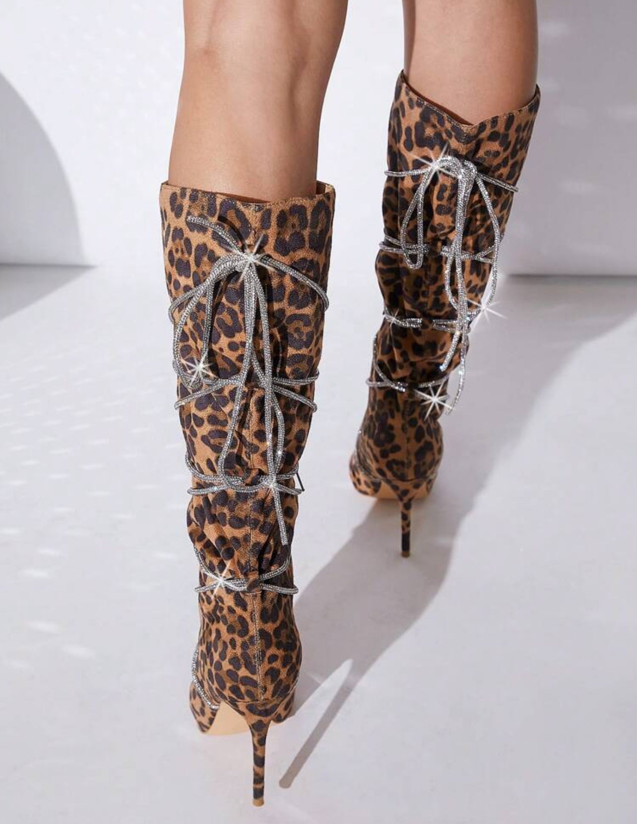 “Rhinestone Lace Up” Stiletto Heeled Boots, Leopard or Black