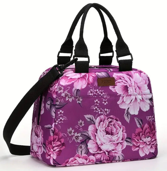 Floral Insulated Lunch Bag, Large Wide with Adjustable Shoulder Belt