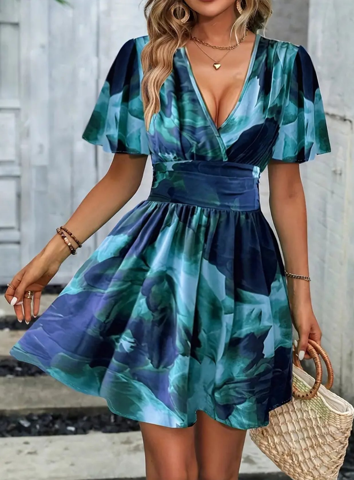 “Vibrancy” Floral,  A-Line Dress - Surplice Neck, Elegant Shirred Waist