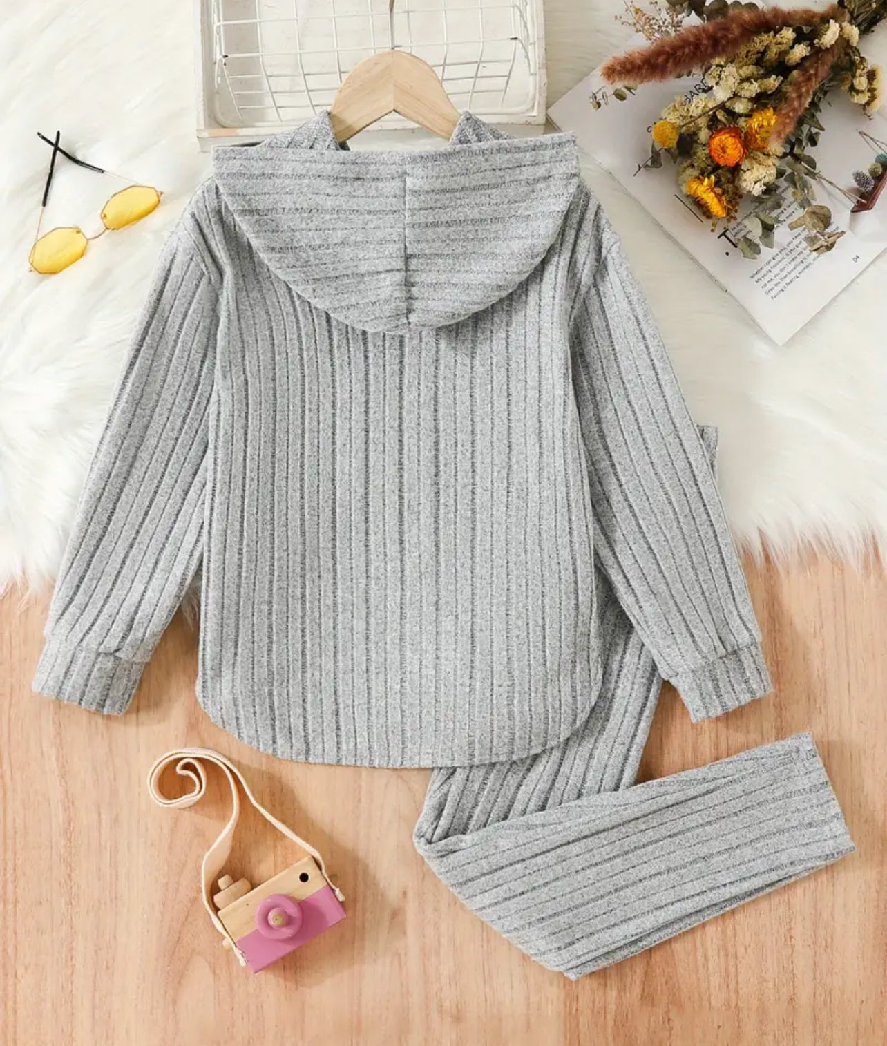 2pcs Girls Casual Ribbed Hoodies + Pants Kids Clothes