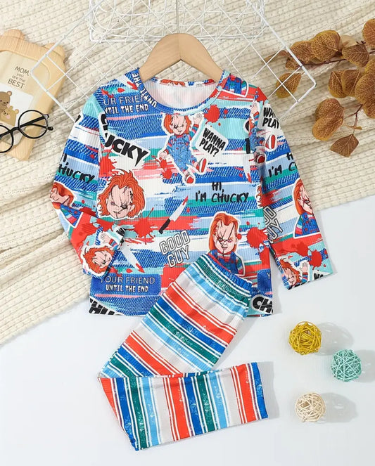 Conjunto de pijama acogedor para niños de 2 piezas, camiseta de cuello redondo de manga larga "Child's Play" + pantalones