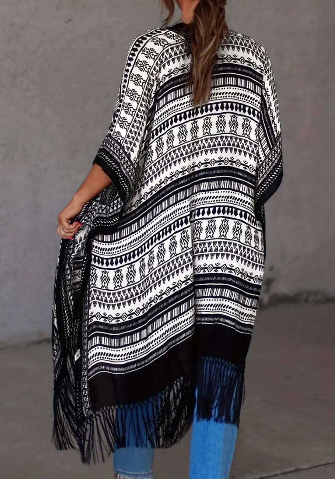 Allover Print Fringe Hem, Open Front Cape Sleeve Cardigan