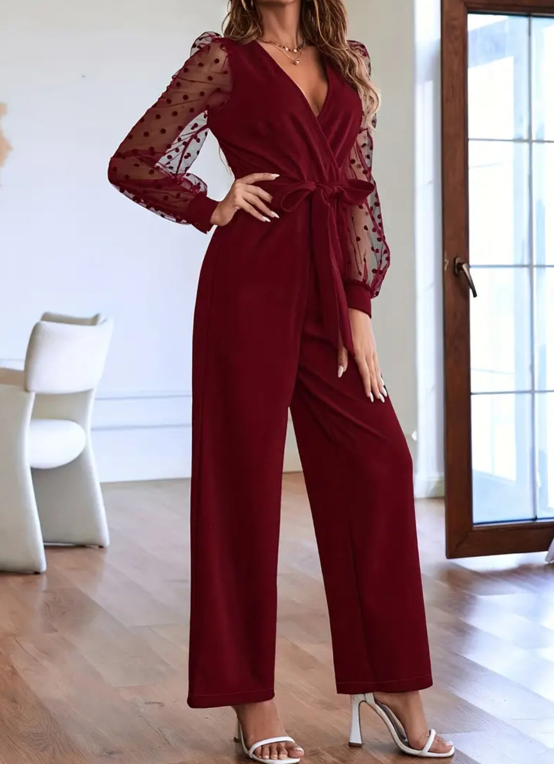 “Wine/ Noir Polka Dots” Elegant V Neck, Long Sleeve Jumpsuit for Women