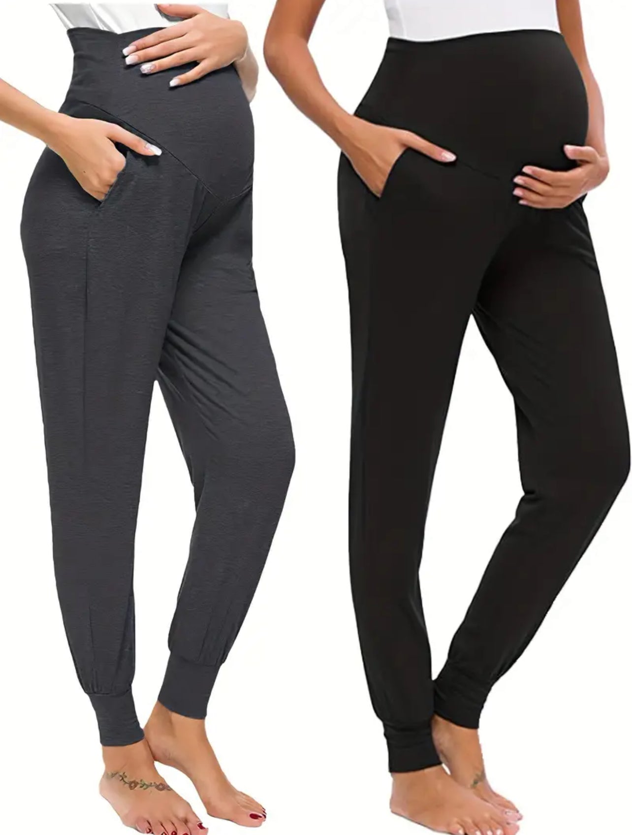 2pcs Comfy High Waist Tummy Support Maternity Sports Yoga Pants With Pocket, Baby Bumps 🌟🌙 Collection