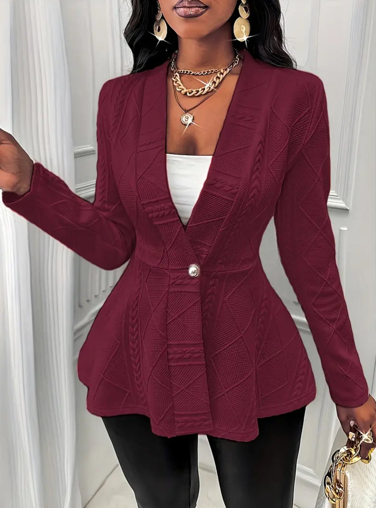 Plus Size Elegant Solid Textured Single-Breasted Long Sleeve Blazer - Flattering Fit, Versatile, and Chic