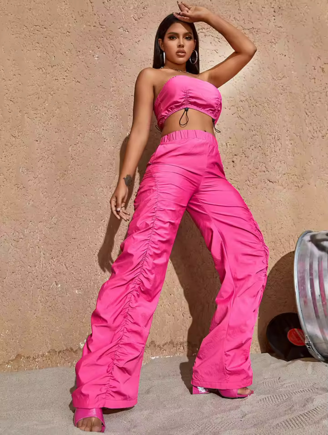 Hot Pink 2 Pc Set | Crop Top + Ruched Elastic Waist Wide Leg Cargo Pants