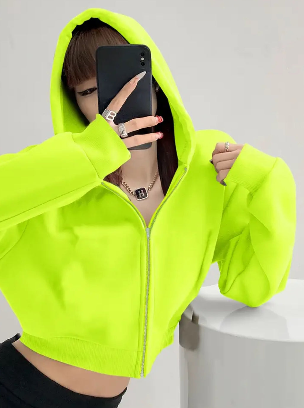 “Angel Neon U” Neon Green Casual Drop Shoulder Long Sleeve Hoodies Sweatshirt, Zipper Front