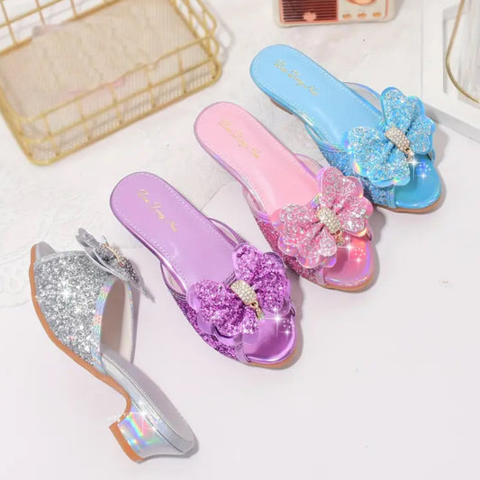 Shiny Bowknot Sequin High-heeled Slipper Outdoor Sandals
