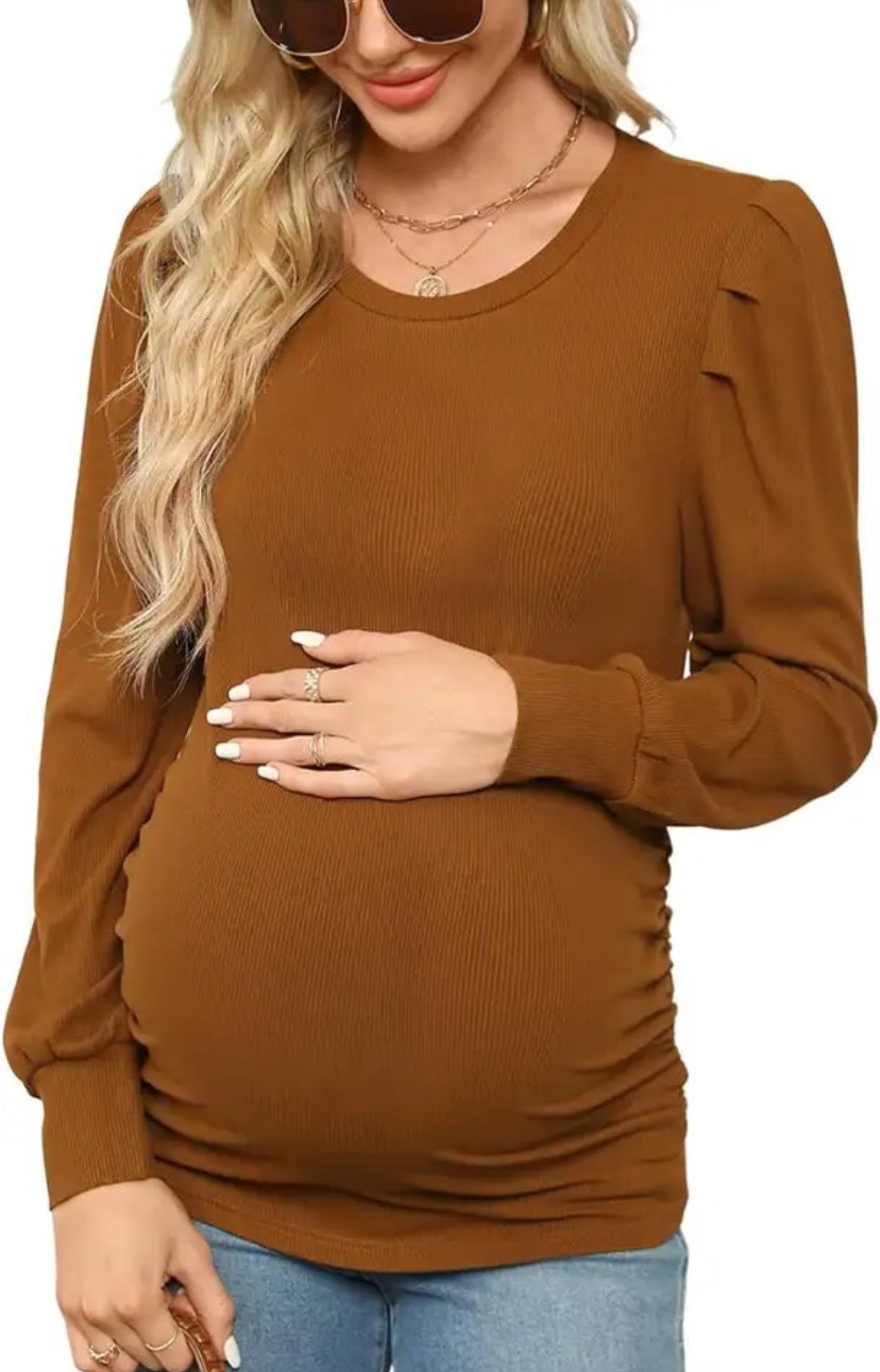 Colección de maternidad Baby 🌙🌟 Bumps, sudadera con textura lisa en color Carmel Macchiato, top con cuello redondo y mangas abullonadas