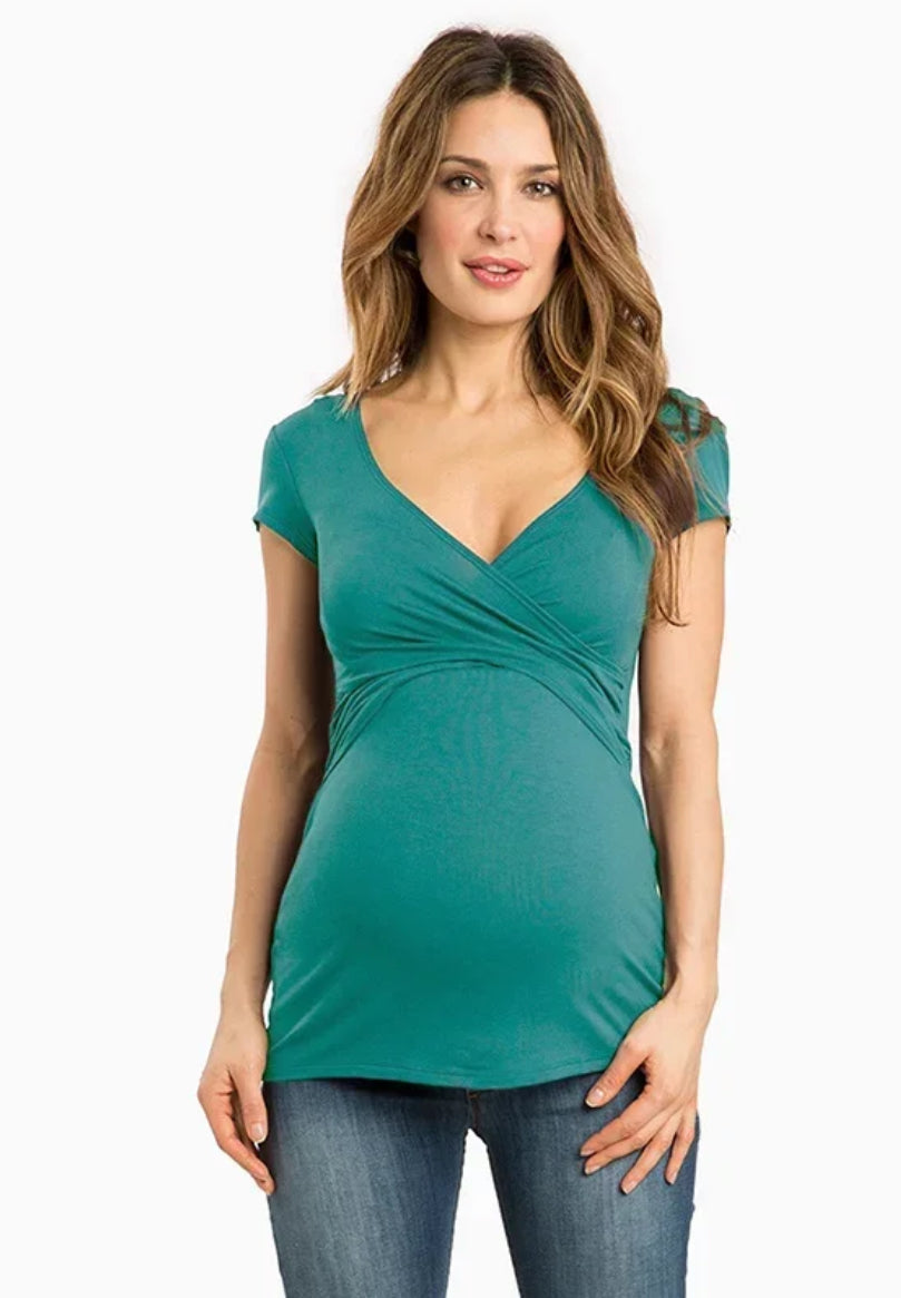 Blusa de maternidad con escote en V y mangas cortas para amamantar