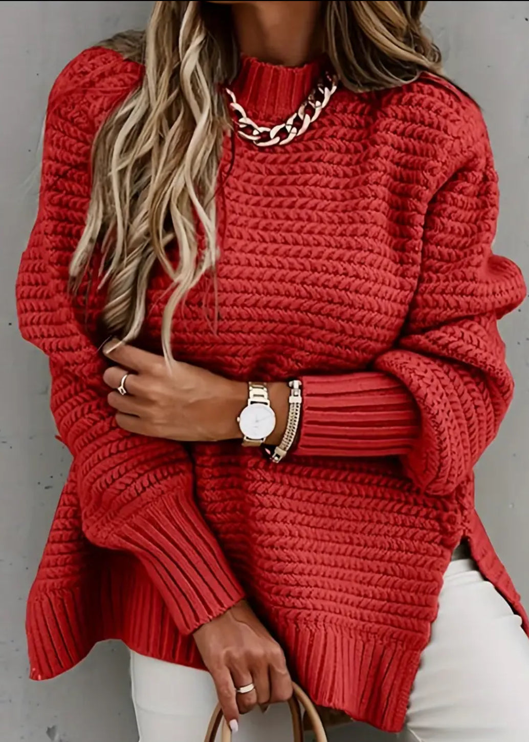 ‘Gia’ Slit Hem Ribbed Loose Pullovers KnittedSweater