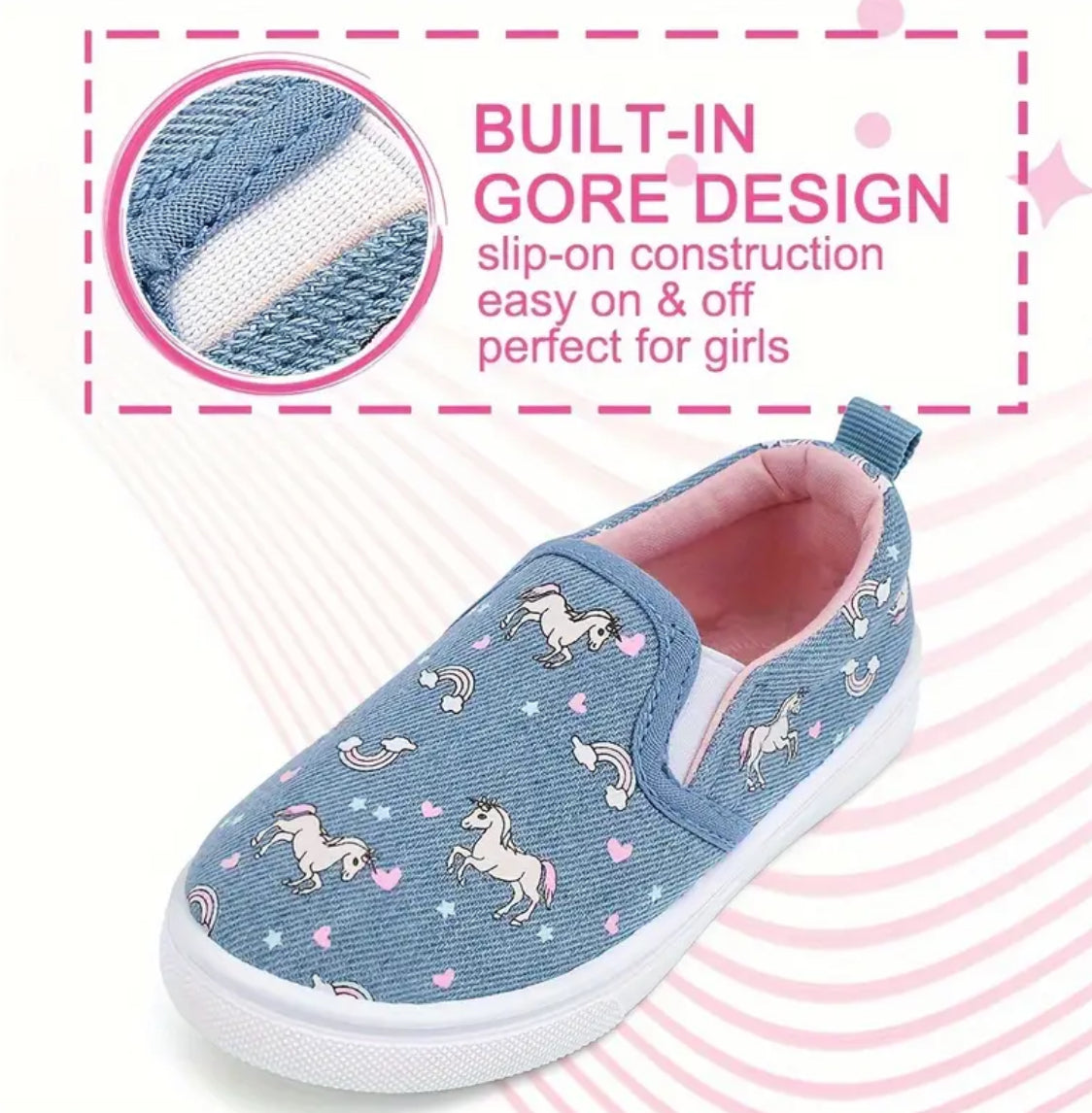 Zapatos casuales de lona sin cordones, clásicos para niños y niñas, “Dinos &amp; Unicorns”