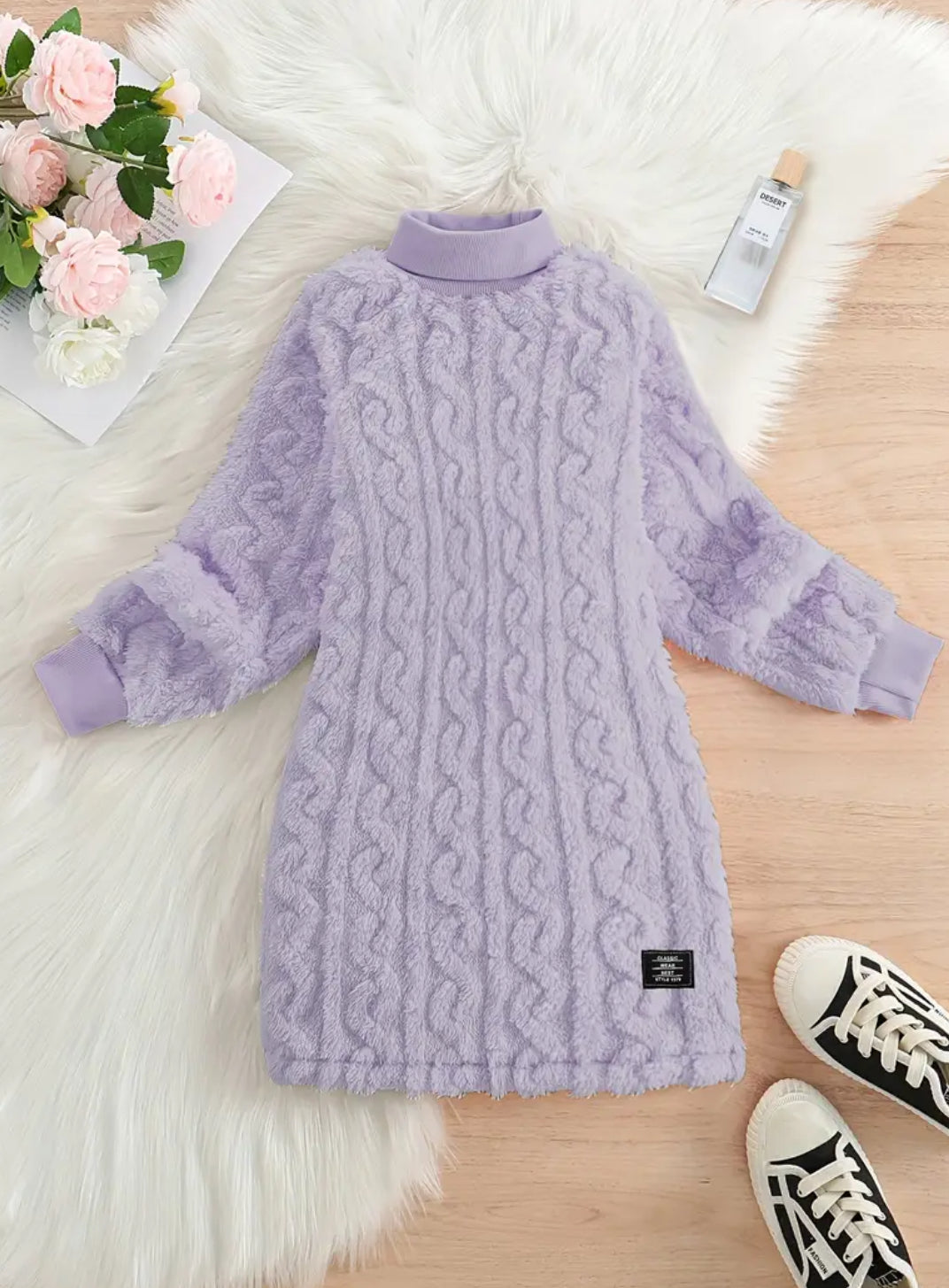 Cozy Girls Fleece Dress - Casual Solid Color with Cable Knit Pattern