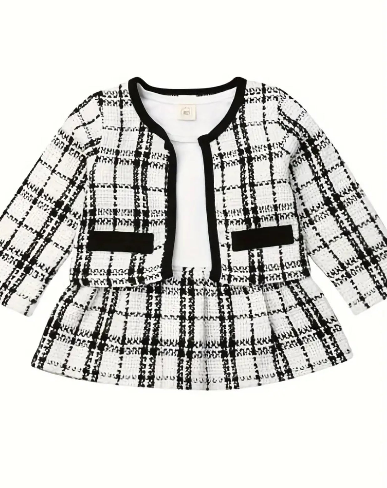 Baby Girls 2Pcs Princess, Formal Black & White Plaid Coat, O Neck & Dress Skirt