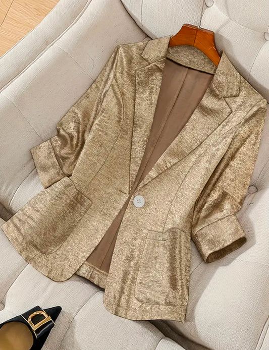 “Elegant Gold Metallic Blazer” Single Button Front, Regular Fit, Three Quarter Sleeve with Pockets