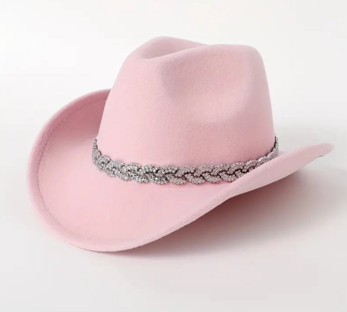 Sombrero de vaquero de fieltro de moda para mujer con banda de diamantes de imitación plateados y detalle de cuentas