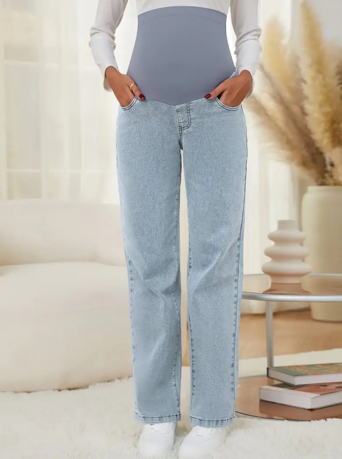 Relaxed Fit Maternity Jeans - Straight Leg Over Belly with Pockets