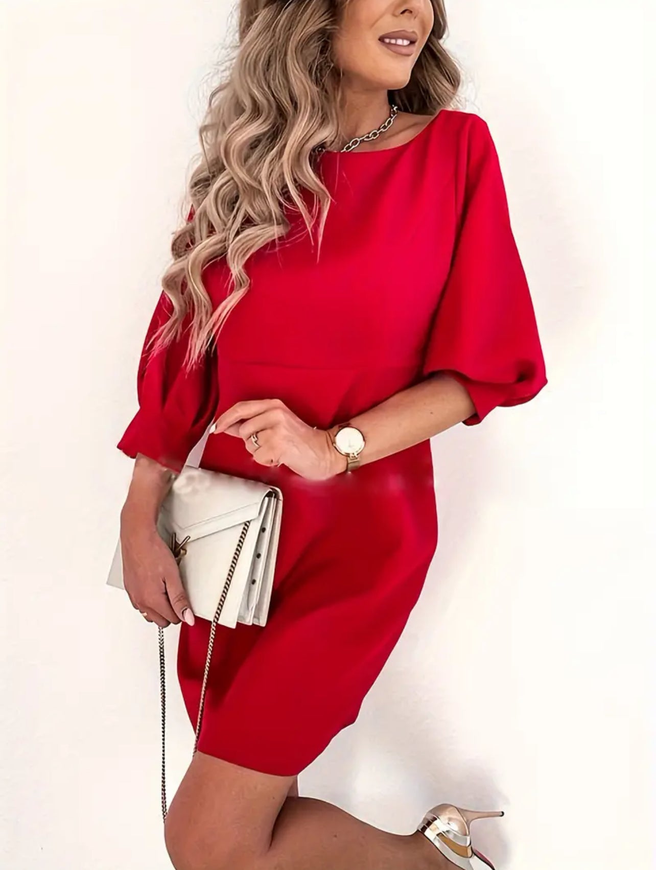 Paint the town Red, Solid Open Back Mini Dress, Elegant 3/4 Sleeve