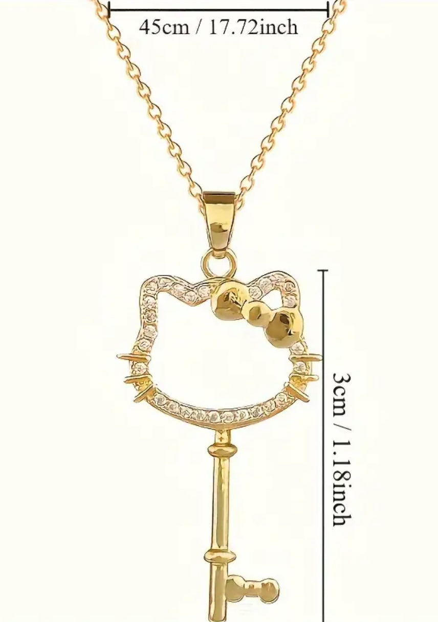 ♥️ Hello Kitty, Bowknot Key Shape , Full Rhinestone Decor Pendant & Necklace ✨