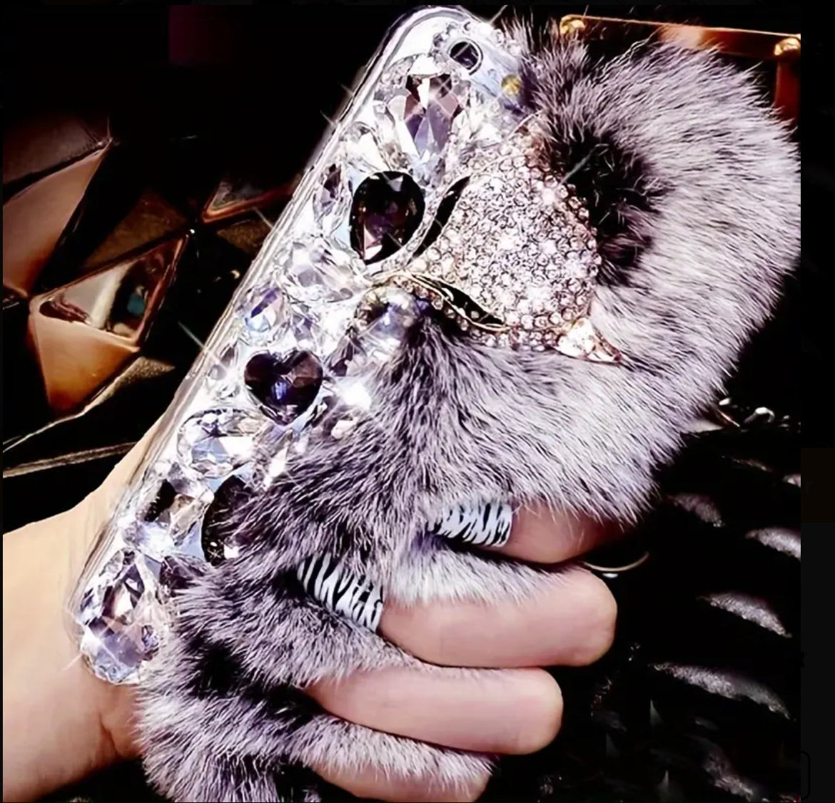 “Luxury Diamond” Metal Fox Faux Fur, iPhone Case