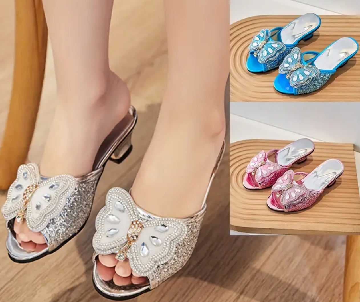 Zapatos de tacón alto sin cordones con diseño de mariposas y diamantes de imitación para niñas