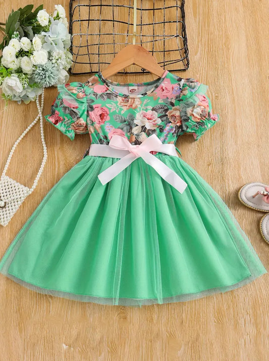 Puff Sleeve Ruffle Trim Floral Belted Princess Dress