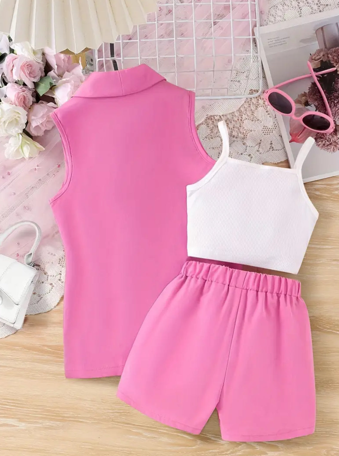 Girls ‘MISS HOLLYWOOD’ 3pcs Set - Shorts, White Blouse + Sleeveless Suit Vest