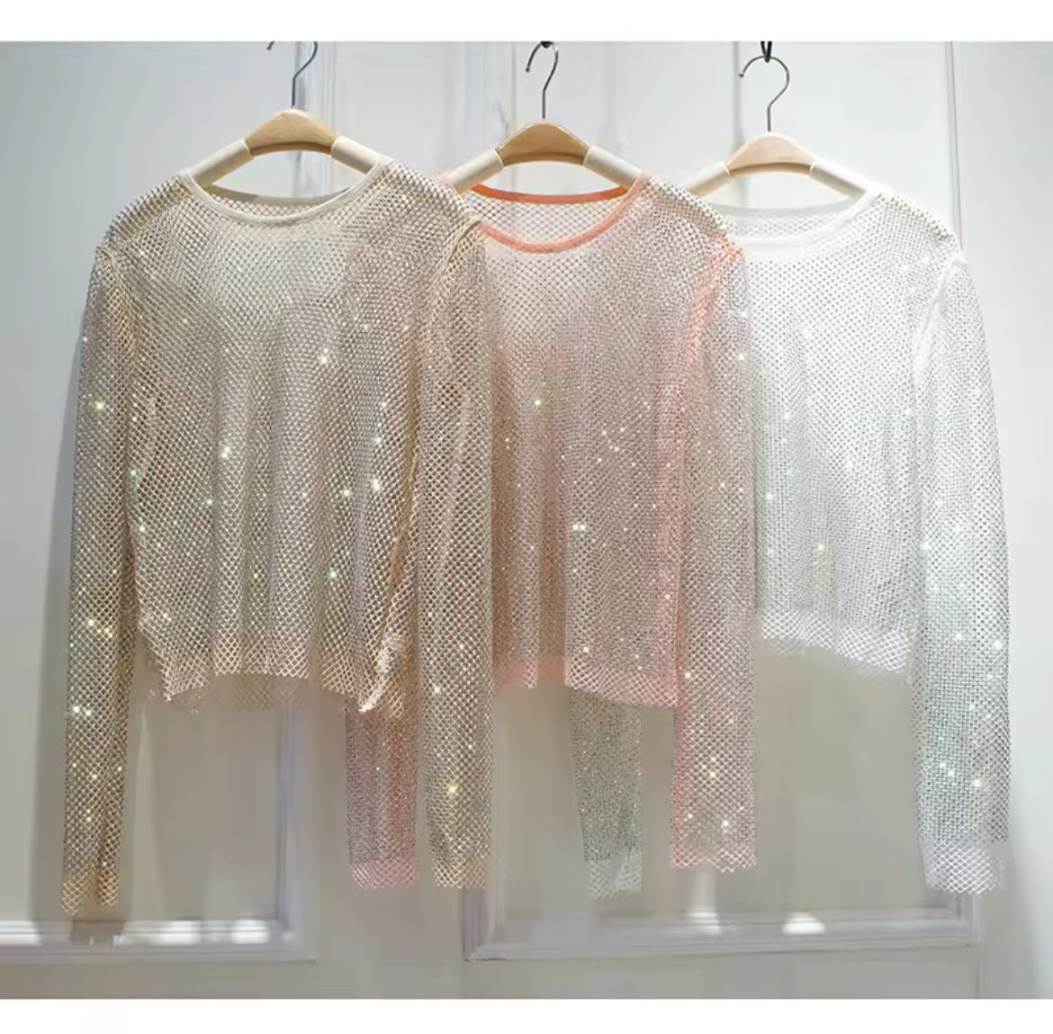 “Starlight” Rhinestone Round Neck Long Sleeve, Hollow Blouse