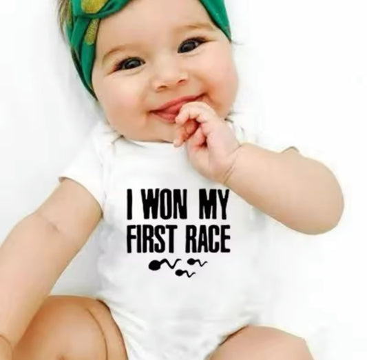 “I Won My First Race” Little Swimmers, Boys + Girls Onesie