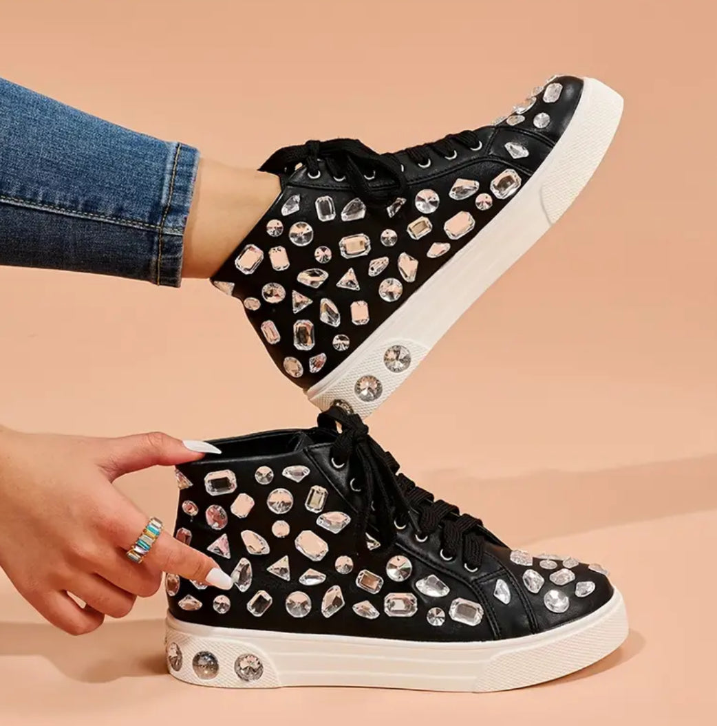 Rhinestone Decor Preppy Skate Shoes, Fashion Lace Up High Top Flat Sneakers