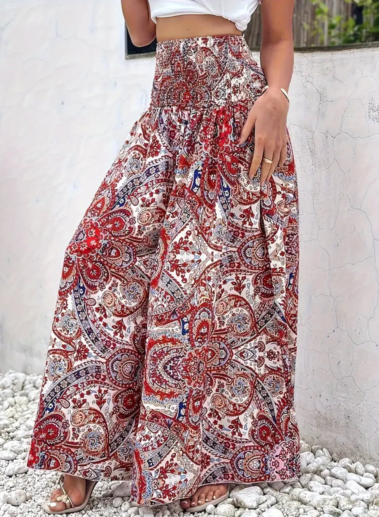 “Boho Floral” Shirred Waist, Floor Length, Wide Leg Pants 🔹