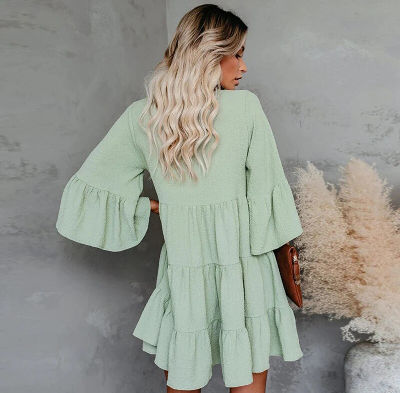 Sweet Short Flare Sleeve V-neck, Chiffon Dress