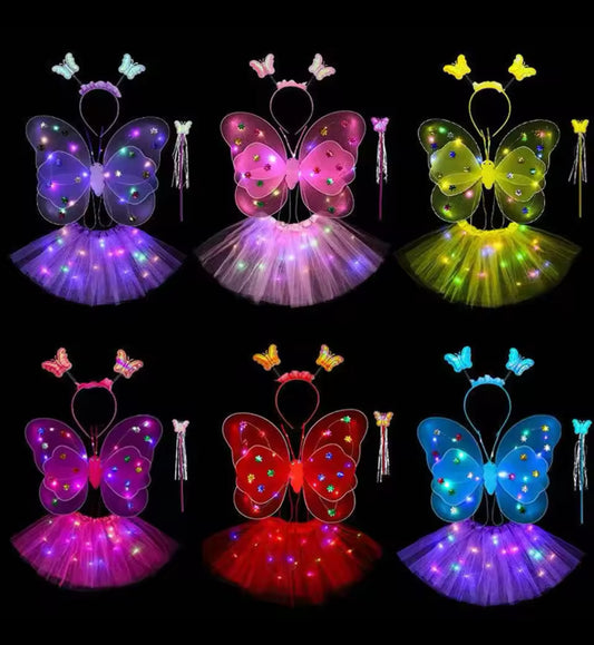 Girl's LED Fairy Costume Set, Butterfly Wings + Tutu Skirt Headband, Wand, 3Y-14Y