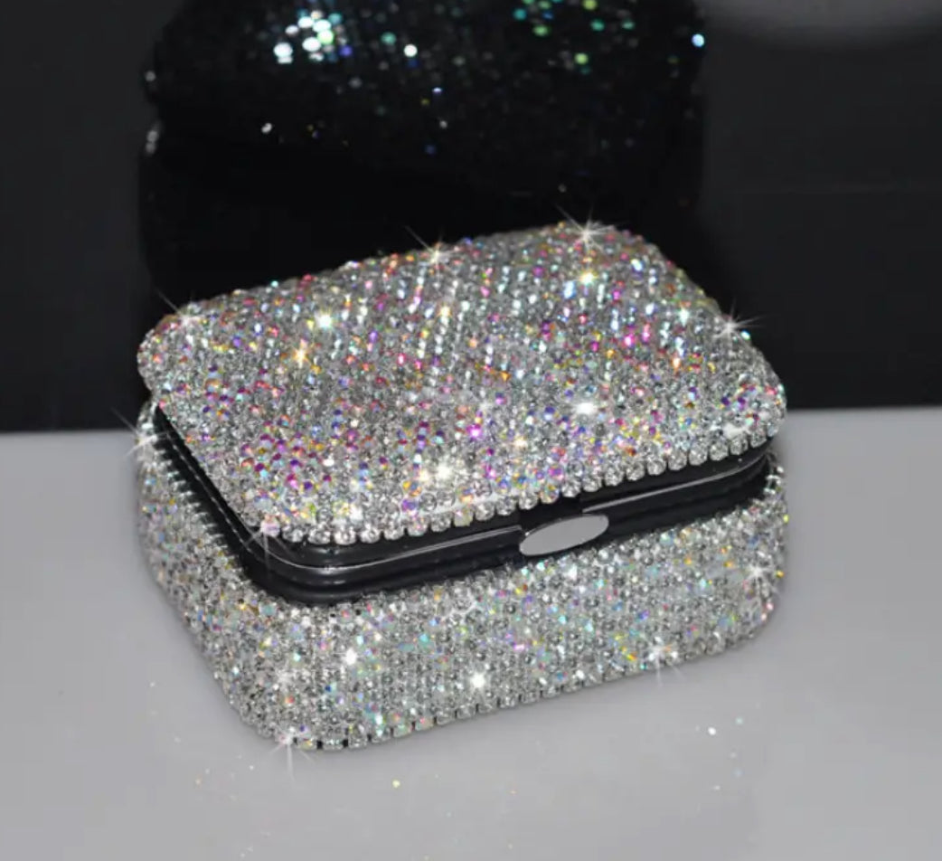 1 joyero pequeño con diamantes artificiales, caja de almacenamiento de maquillaje portátil