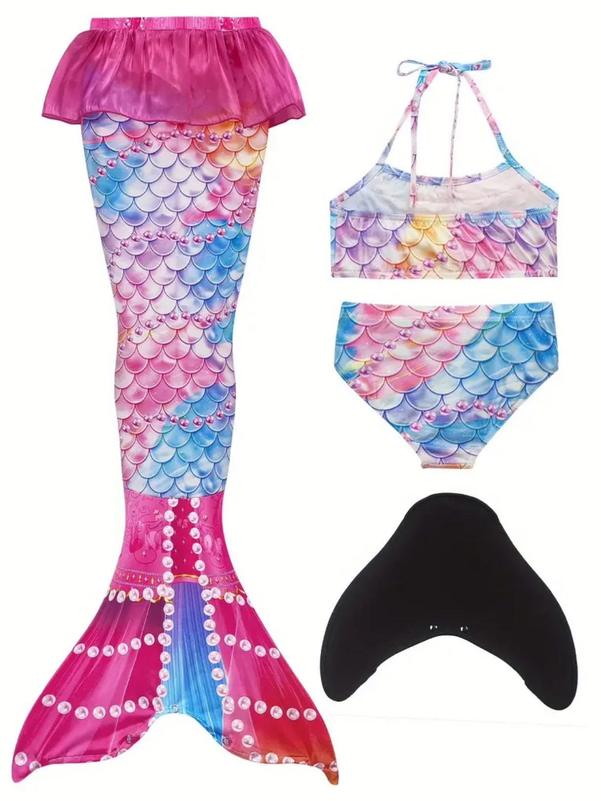 Mermaid Girls 4PCS, Frill Trim Mermaid Tail Skirt, Fin,Halter Top + Bottom Fish Scale Swimsuit.